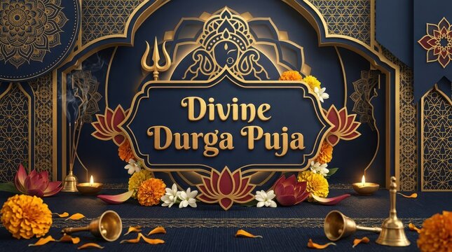 Divine Durga Puja message board surrounded by floral offerings and golden trident on elegant navy blue festive background.