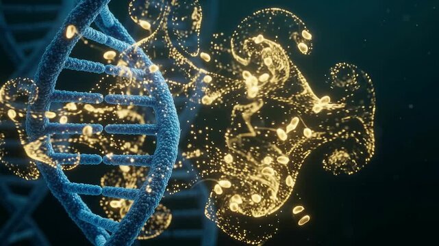 Close-up video of a blue DNA double helix with glowing yellow particles representing gene editing or mutation on a dark background.