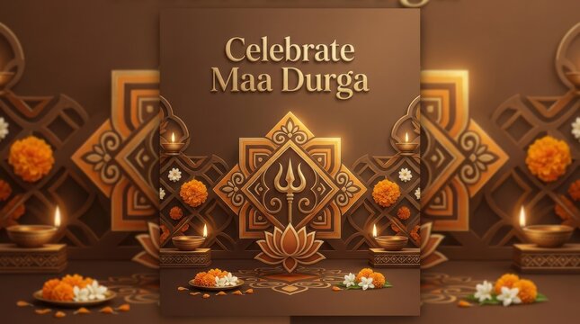 Celebrate maa durga text artistic gold trishul symbol floral mandala brown background festive greeting card wallpaper.