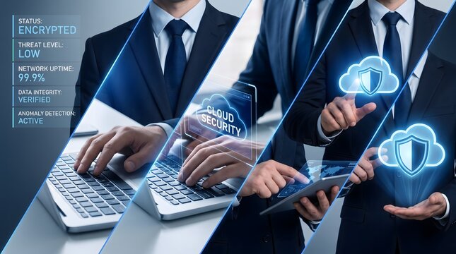 Cybersecurity professionals in suits manage cloud security with digital interfaces data integrity checks and threat level monitoring.