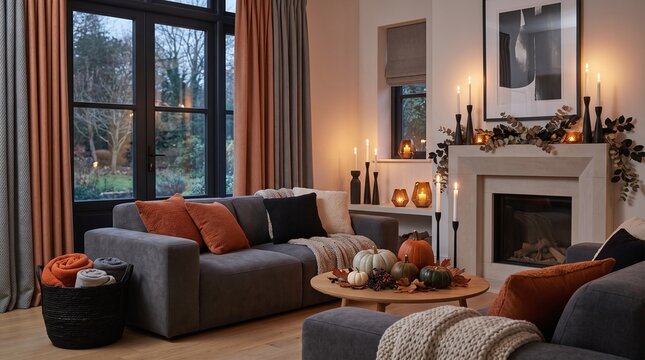 Cozy living room decorated for autumn and Halloween, warm lighting
