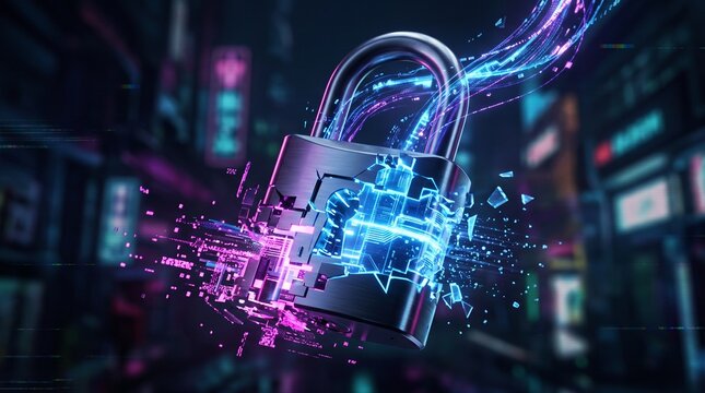 Glitching digital padlock breaking into blue holographic fragments and neon pink purple pixels, representing cybersecurity, data disruption and digital transformation.