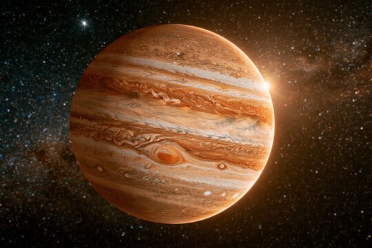 Jupiter shines brightly in the dark sky with its swirling clouds and large storm spotted