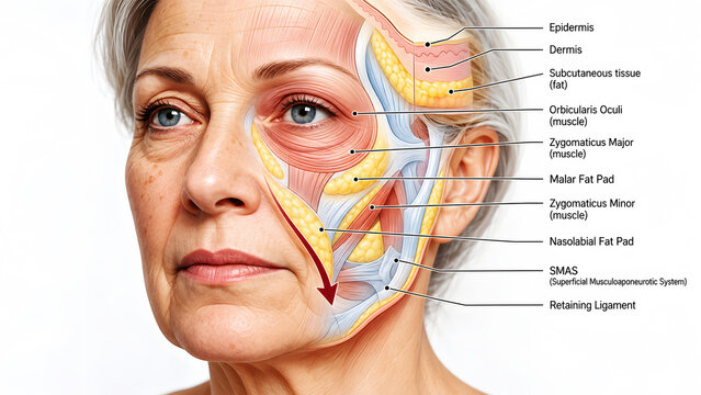 Detailed anatomical illustration of human facial muscles and underlying structure