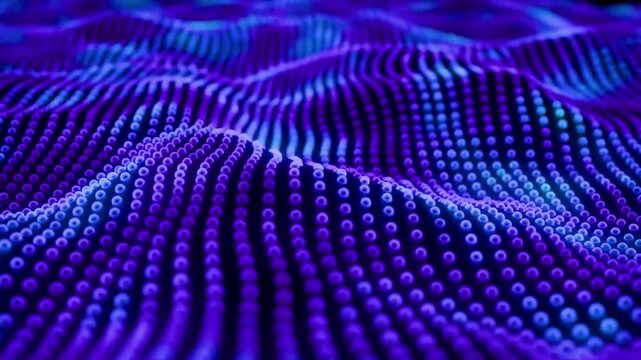 Abstract digital wave background composed of glowing blue and purple neon dots in a 3D grid pattern