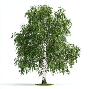 Silver Birch Tree Weeping Canopy Isolated on White Background