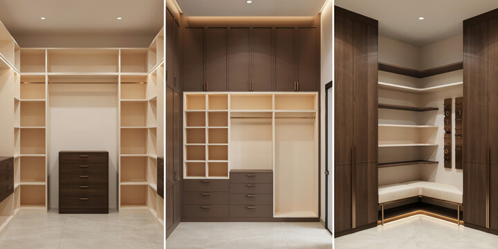 Three views of a walk-in closet interior with dark wood cabinetry and integrated shelving
