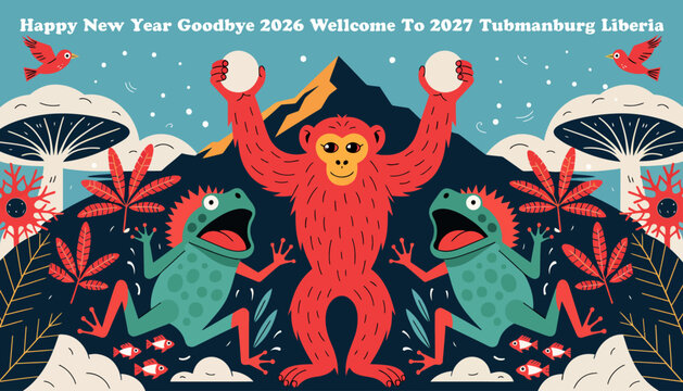 New Year Celebration with Monkey and Frogs