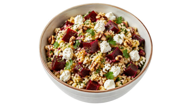 Beetroot Salad with Grain Walnuts and Goat Cheese in a Bowl
