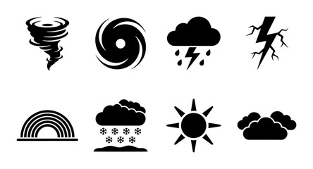 Obraz premium Weather Icons Set: Tornado, Hurricane, Rain, Lightning, Rainbow, Snow, Sun, Clouds, Vector Graphics