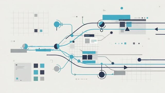 Business Data Flow and Network Connection Animation - Flat Design Dashboard, Clipboard, Mind Map, and Workflow Visualization.