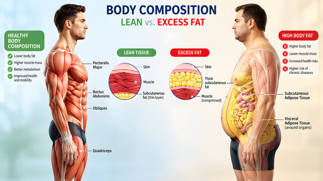 Side by side comparison of male body composition lean versus excess fat