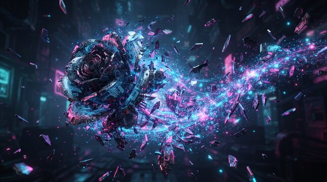 Mechanical rose dissolving into metallic fragments and neon blue, pink purple particles, creating a futuristic cyberpunk concept of digital transformation