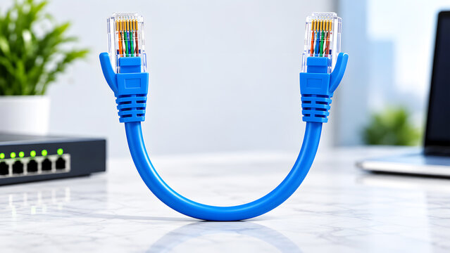 Blue ethernet cable connecting devices in a modern home office setup