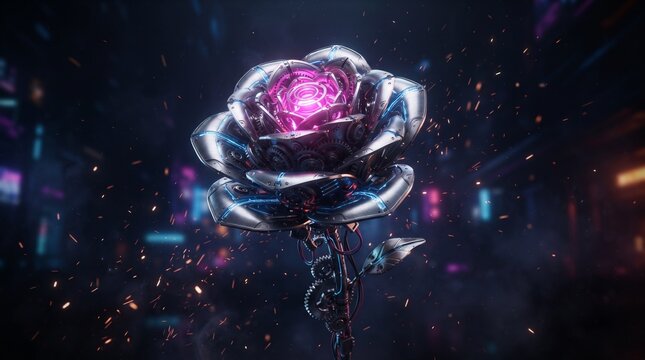 Futuristic mechanical rose made from titanium petals and glowing blue circuitry, illuminated with neon pink purple light in a sophisticated cyberpunk environment.
