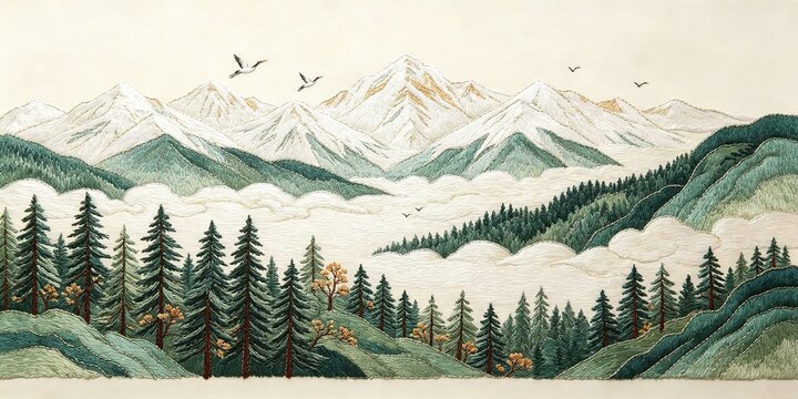 Traditional Chinese Embroidery Art Snow Mountains Layered Green Forested Hills Pine Trees