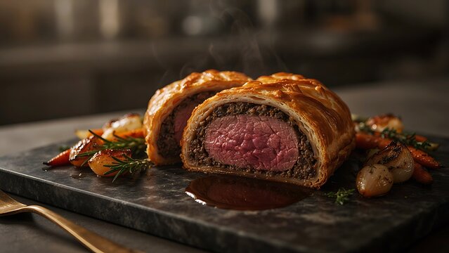 A gourmet tenderloin Wellington cross section displaying medium rare beef with roasted onions and jus, created with generative AI.