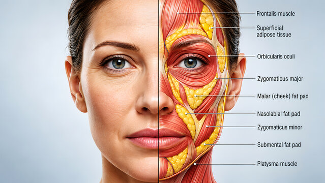 Human face anatomy illustration showing muscle structure and skin layers