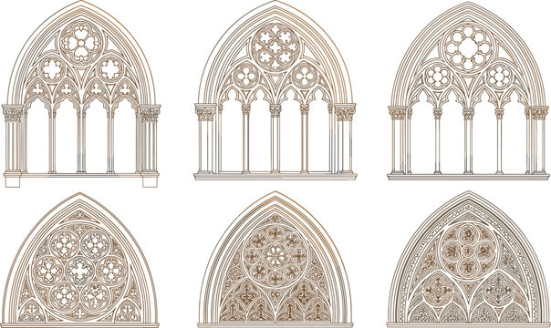 Gothic window tracery collection, cathedral architecture outline, ornate stone motif design, medieval figure illustration, rose window icon, historic art