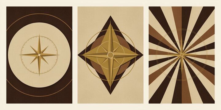 Three vertical panels featuring compass rose motifs in gold and brown on textured paper