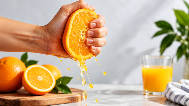 Freshly squeezed orange juice being poured into glass with citrus fruits