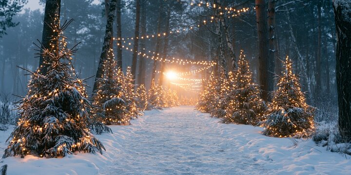 Winter forest pathway with glowing Christmas trees and fairy lights creating a festive holiday scene