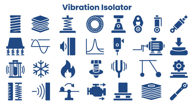 Vibration Isolator Icons Set: Shock Absorption, Damping, Isolation Solutions for Engineering and Mechanics