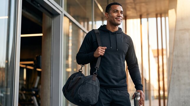 Medium shot of happy man carrying duffel bag and stainless steel water bottle walking out of modern gym entrance, post workout concept.