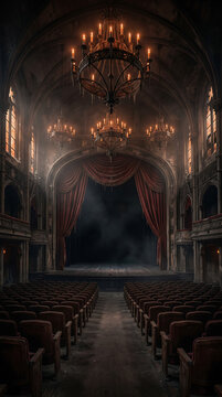 Gothic vintage theater interior with red velvet curtains, empty old opera house stage with chandeliers, dramatic cinematic auditorium background