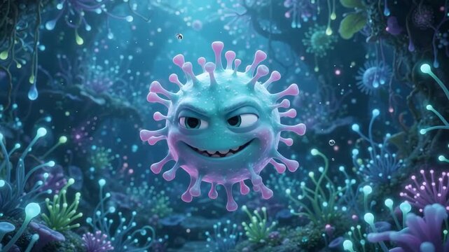 Cute cartoon virus character floating in a microscopic underwater setting, friendly animated bacteria organism changing facial expressions from curious to mischievous, 3D rendering science concept