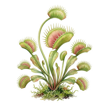 Venus flytrap plant with open traps ready for insect capture in botanical illustration style