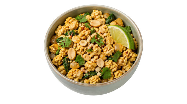 Larb Gai Minced Chicken Salad with Peanuts and Lime in a Bowl