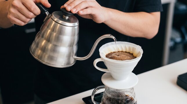 Barista pouring hot water from a gooseneck kettle brewing pour over v60 manual drip coffee