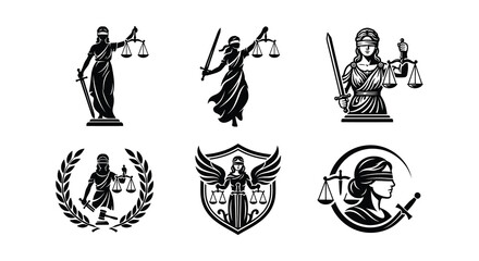 Obraz premium Lady justice silhouettes with scales and swords black vector illustrations