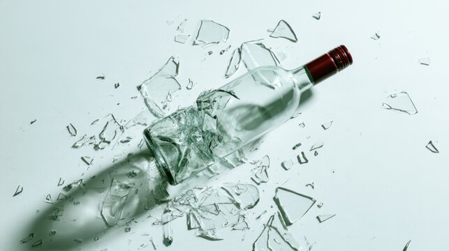 Broken clear glass bottle with red cap shattered into multiple pieces on white background casting shadow and reflection