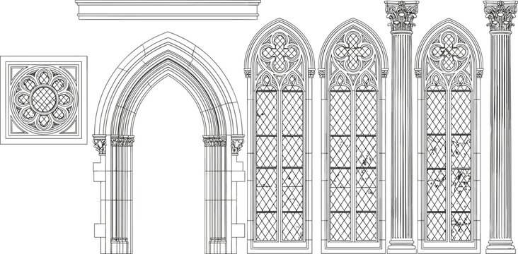 Gothic architecture illustration set, pointed arch rose window tracery artwork, medieval cathedral design vector drawing, classical column contrast concept