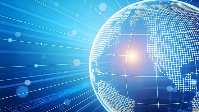 Digital globe sphere with grid lines and glowing dots on a blue gradient background