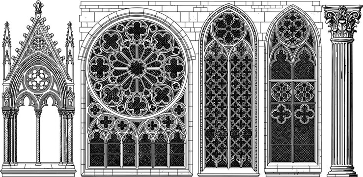 Gothic architecture elements illustration, pointed arch rose window tracery artwork, medieval cathedral design vector drawing, classical column contrast concept