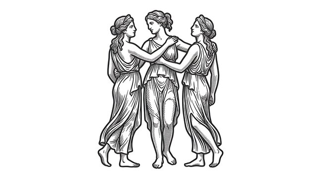 Ancient Greek Mythology Illustration of The Three Graces Goddesses in Vintage Engraving Style