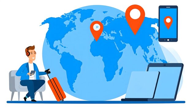Ilustraci&oacute;n de viaje con mapa mundial, marcadores de ubicaci&oacute;n, viajero con maleta y dispositivos digitales sobre fondo blanco