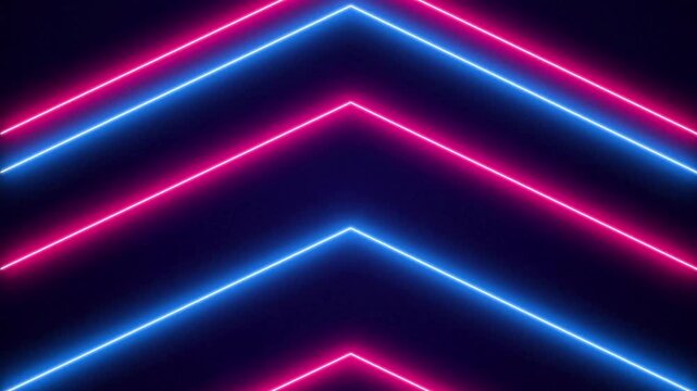Abstract neon light chevron pattern with glowing pink and blue lines on a dark background