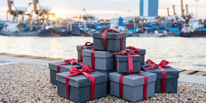 Stacks of elegant gift boxes with red ribbons on a shipping dock at sunset, symbolizing global delivery