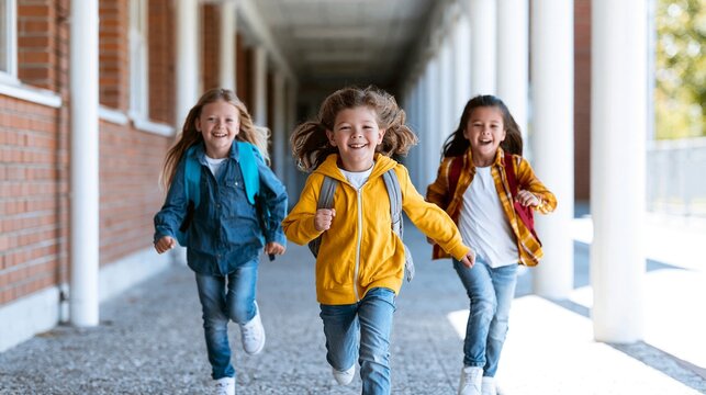 Three happy elementary school children running and laughing in school corridor, feeling joy and freedom