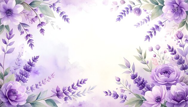 Marco floral en acuarela con flores violetas, hojas y ramas de lavanda sobre fondo blanco con amplio espacio central para texto