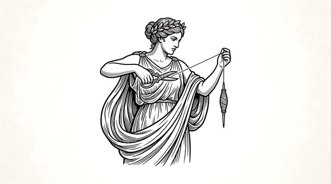 Vintage woodcut illustration of Atropos cutting the thread of life, Greek goddess of fate and destiny