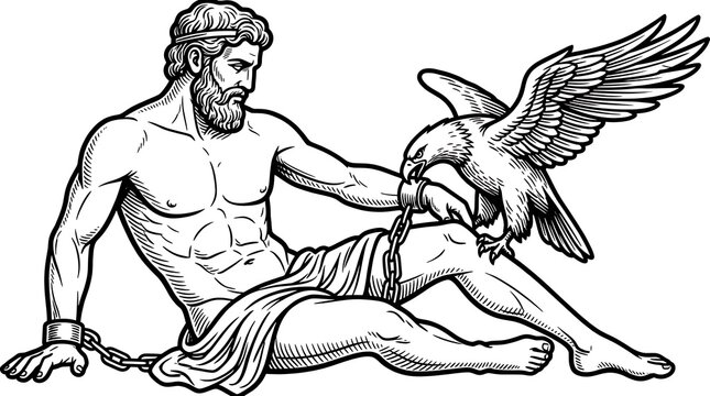 Prometheus Bound Chained to a Rock with Eagle Mythological Greek Titan Legend Vector Illustration