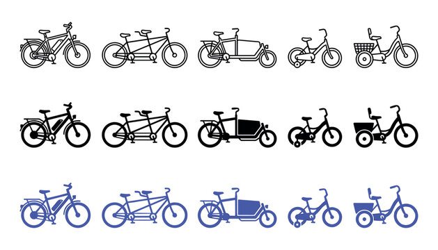 Set of various bicycle types icons including tandem, cargo bike, and children bike with training wheels