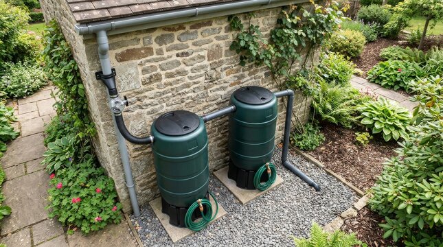 Rainwater harvesting system with green plastic barrels beside a stone wall