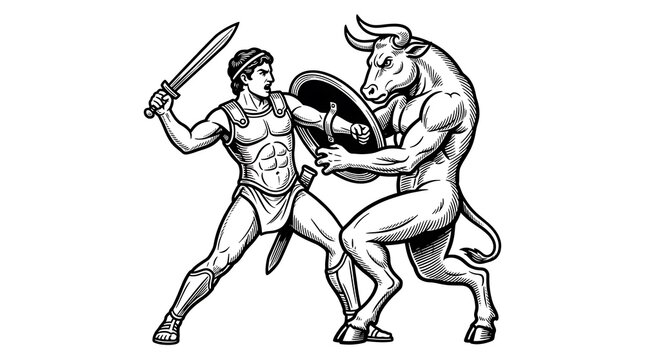 Ancient Greek Mythology Illustration of Theseus Fighting the Minotaur Monster in the Labyrinth