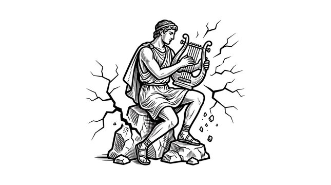 Classical Greek Musician Playing Lyre Amidst Cracking Earth in Vintage Engraving Style Drawing